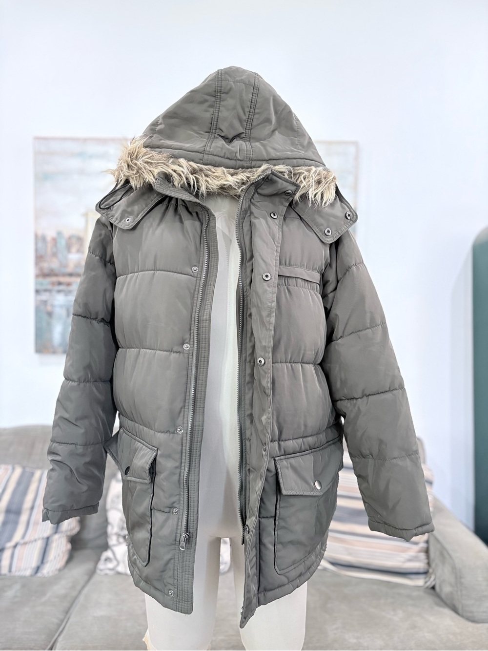 Outdoor Life Hooded Puffer Coat with Faux-Fur Trim - Grayish Olive